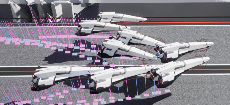 Multiple ships racing were not supported out of the box, since we chose not to use the included spline system for the AGRacing pack. But after some tweaking of settings and reverse engineering it eventually worked like a charm... for the most part.